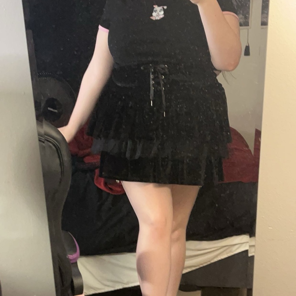Dolls Kill Black and White Bubble Mini Skirt with Ruffled Tie Front